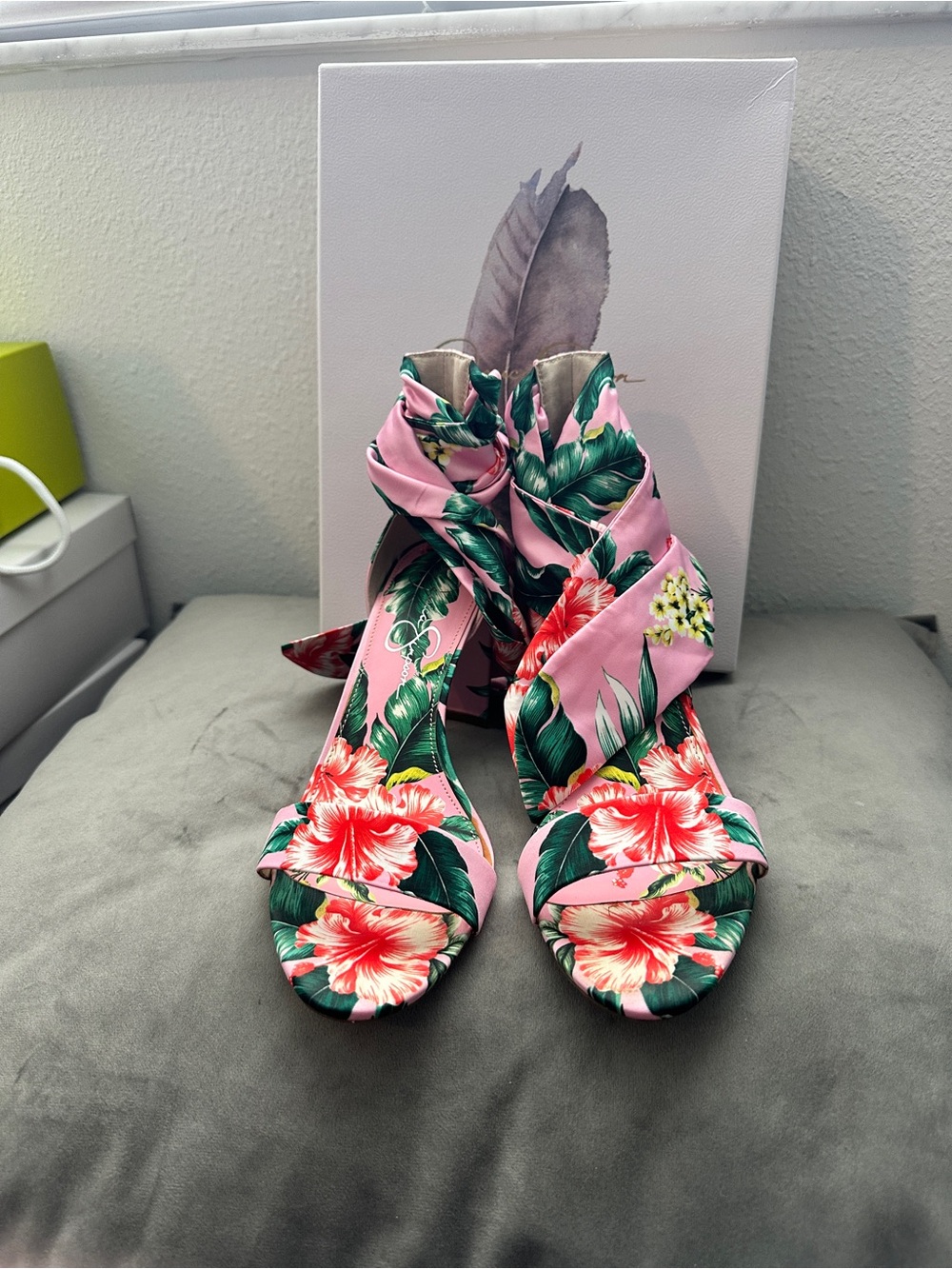 Jessica Simpson Pink Floral Wrap-Heel Sandals